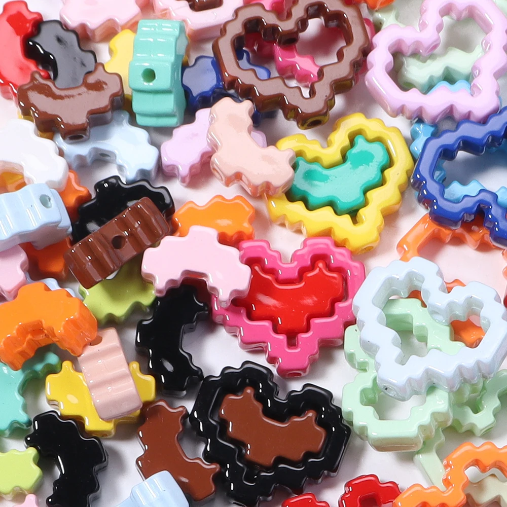 10pcs Acrylic Solid Color Baking Paint Pixel Heart-shaped Frame Bead DIY Phone Chain Keychain Material Jewelry Accessories