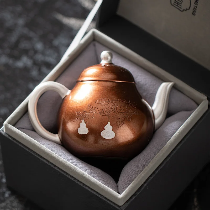 

Copper Wrapped Silver Ceramic Teapot Pure Silver Household Kung Fu Tea Set and Teapot Gift Set