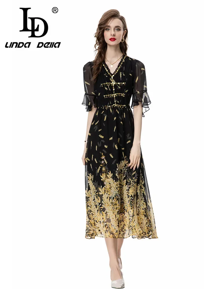 

LD LINDA DELLA Fashion Designer Summer Dress Women's Vintage Gorgeous Beading Sequins Print Chiffon Ruched Elastic Waist Dresses