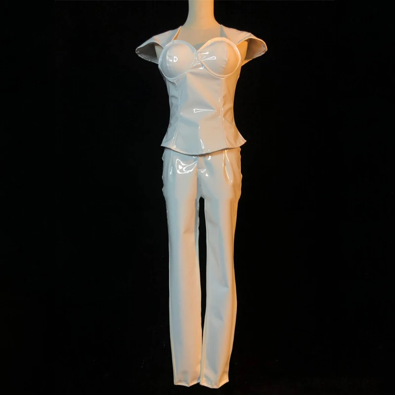 

New White Leather Clothes Nightclub DJ DS Stage Performance Costumes Modern Jazz Pole Dance Clothing Festival Rave Suit DWY7330