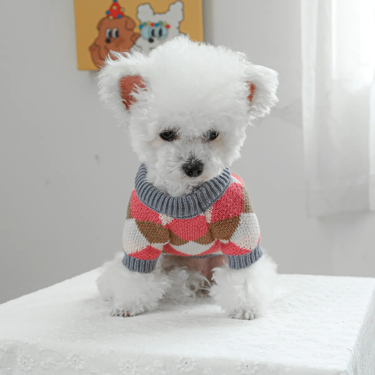 1PC Pet Clothing Cat Autumn/Winter Hoodie Pink Caling Grid Sweater Suitable for Small and Medium sized Dogs