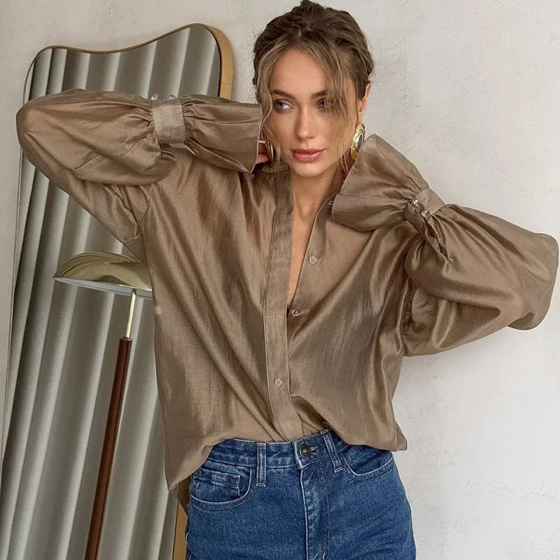 Fmxires Commuting Long Sleeve Shirt Female Sexy See Through Flare Sleeve Casual Loose Blouses Lapel Buttons Shirt Summer Fashion