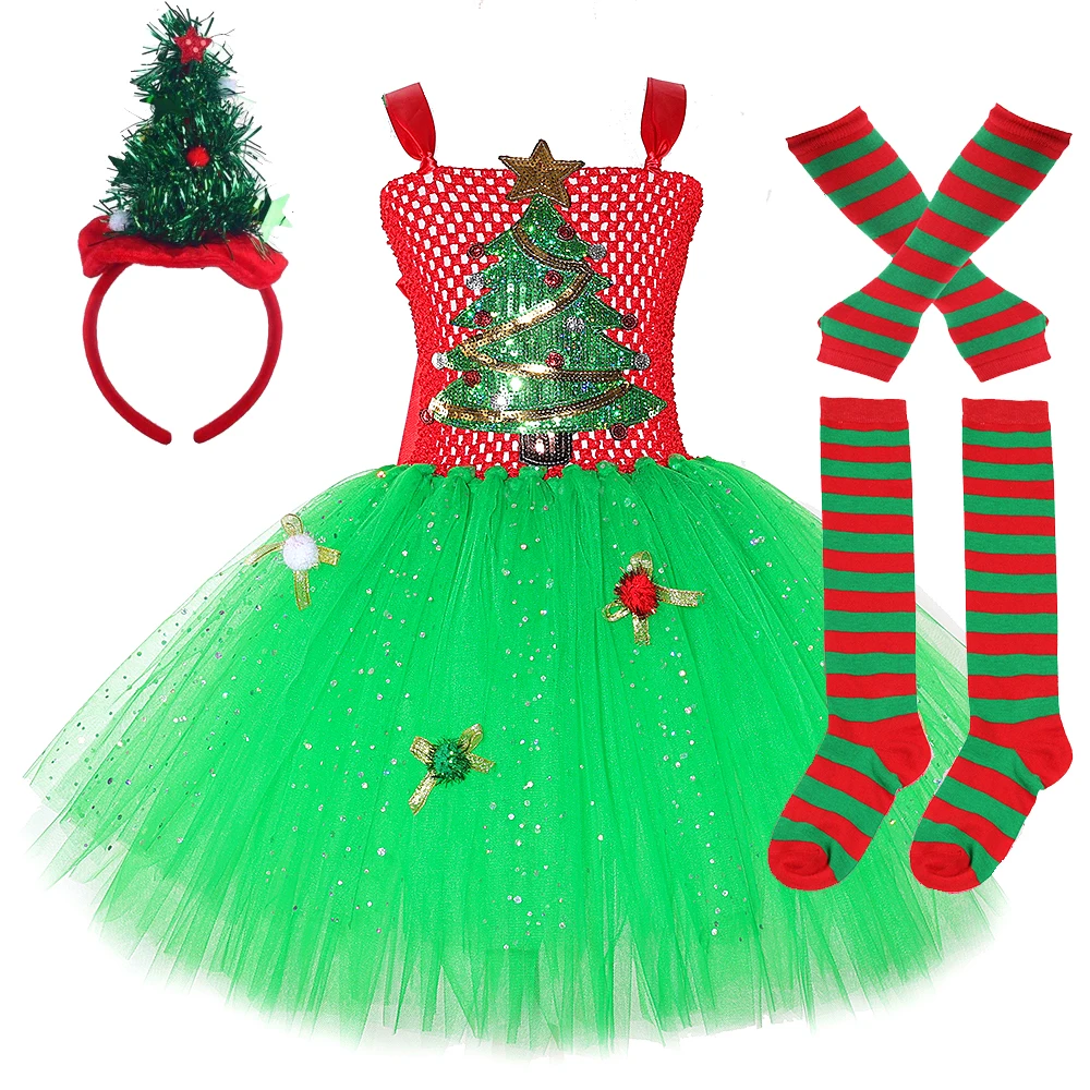 Glitter Christmas Tree Costume Kids Xmas Party Holiday New Years Dress Up Outfit Red Green Girls Christmas Tutu Princess Dress