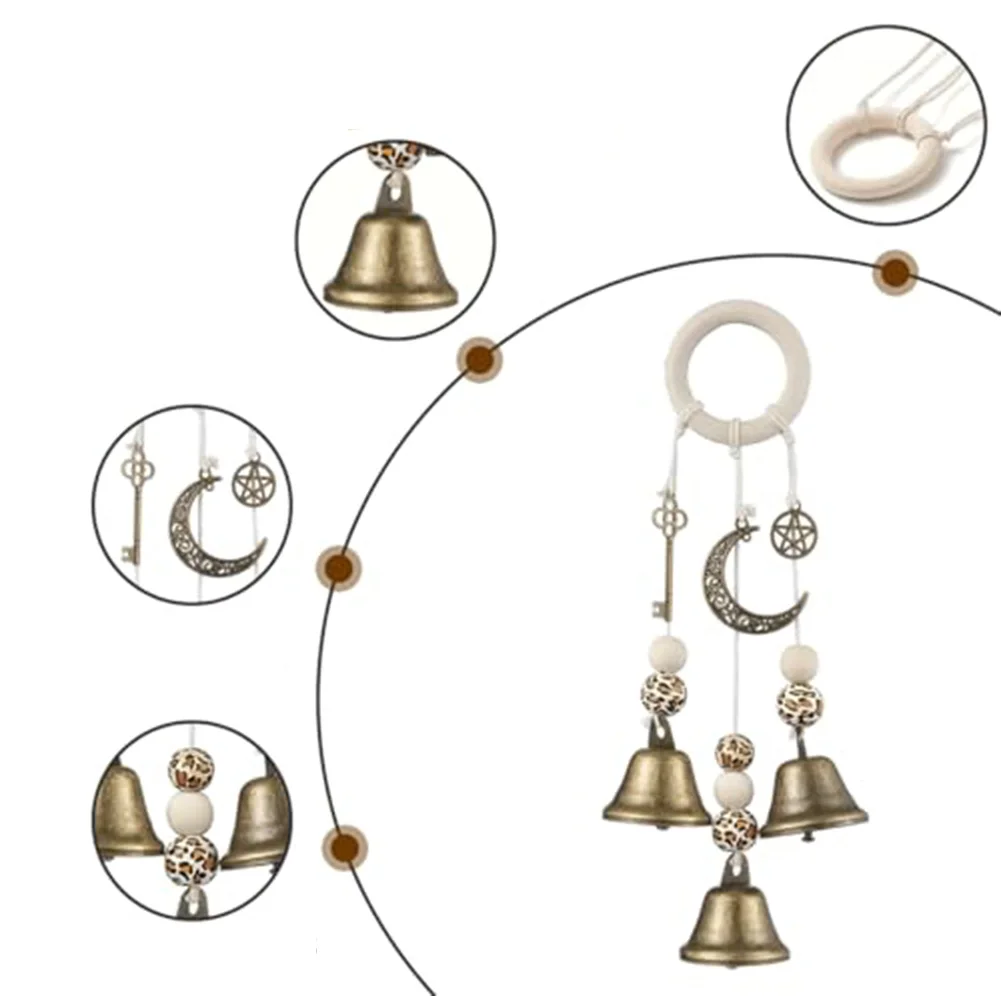 Rustic Witch Bells with Three Chimes Key and for crescent Moon Rattan Wind Chime Pendant for Decorative and Protective Purposes