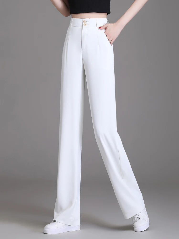 

White High Waist Wide Leg Pants Women's Summer New Loose Thin Ice Silk Casual Pants Korean Style Commute Wind Polyester Fiber