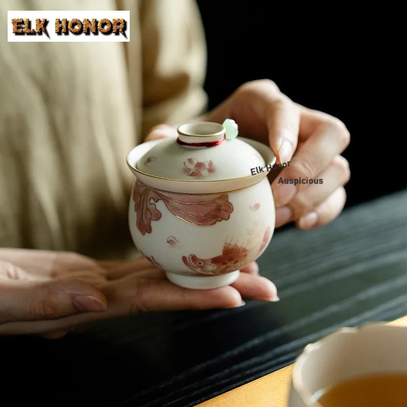 Gold Drawing Pure Hand-painted Red Fish Algae Travel Tea Set Kit Japanese 1 Pot 1 Cup Tea Maker Organizer Portable PU Handbag
