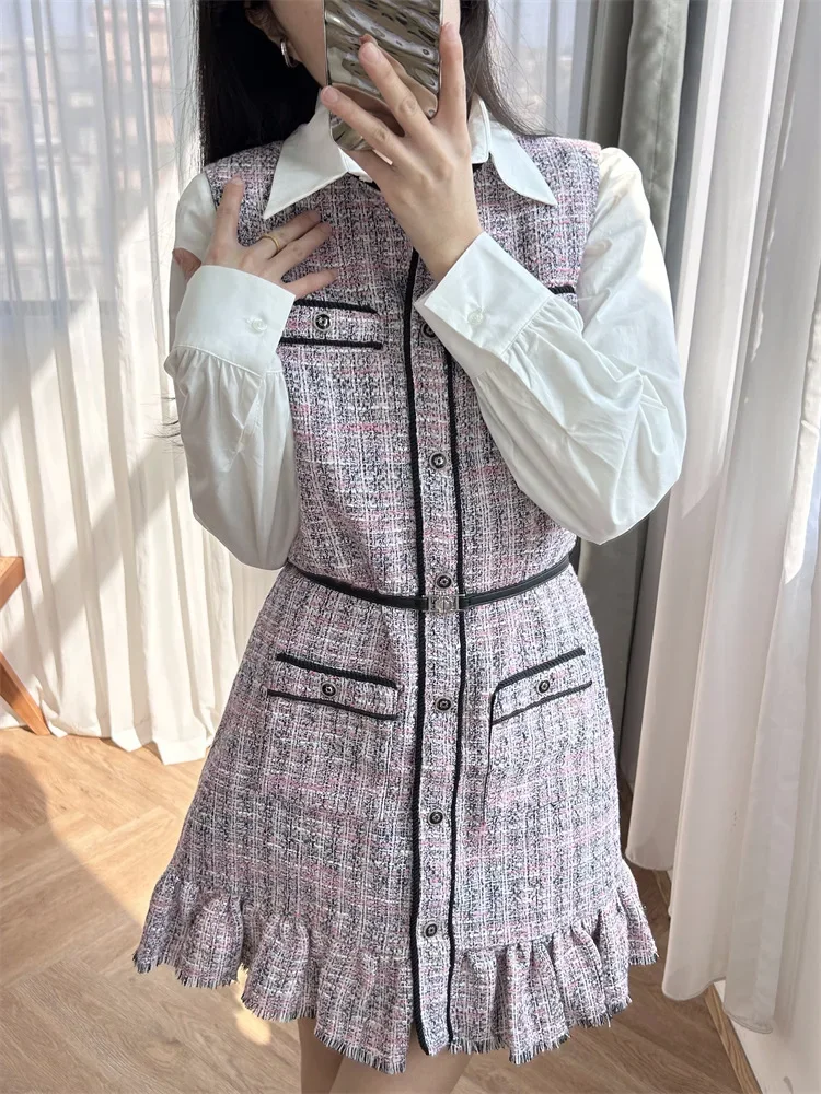 

Women Tweed Dress Two Pieces Set Turn-down Collar Long Sleeve Shirt and Single Breasted Sleeveless Ruffles Tassel Mini Dress