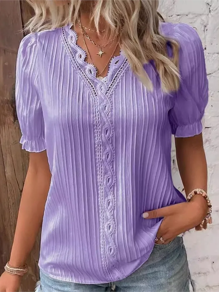 

Casual Solid Lace Shirt Lady Fashion Short Sleeve V Neck Pullover Shirts Tops For Women Elegant Holiday Womens Clothing Summer