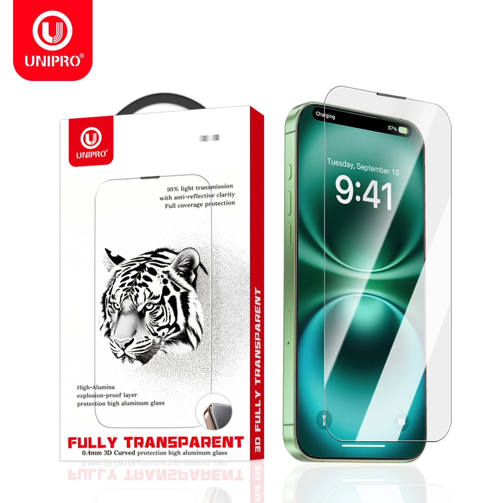 UNIPRO 3D Large Arc Borderless 0.4mm Corning HD Tempered Glass for iPhone 17 16 15 14 13 12 Pro Max Plus 17 Air Screen Protector