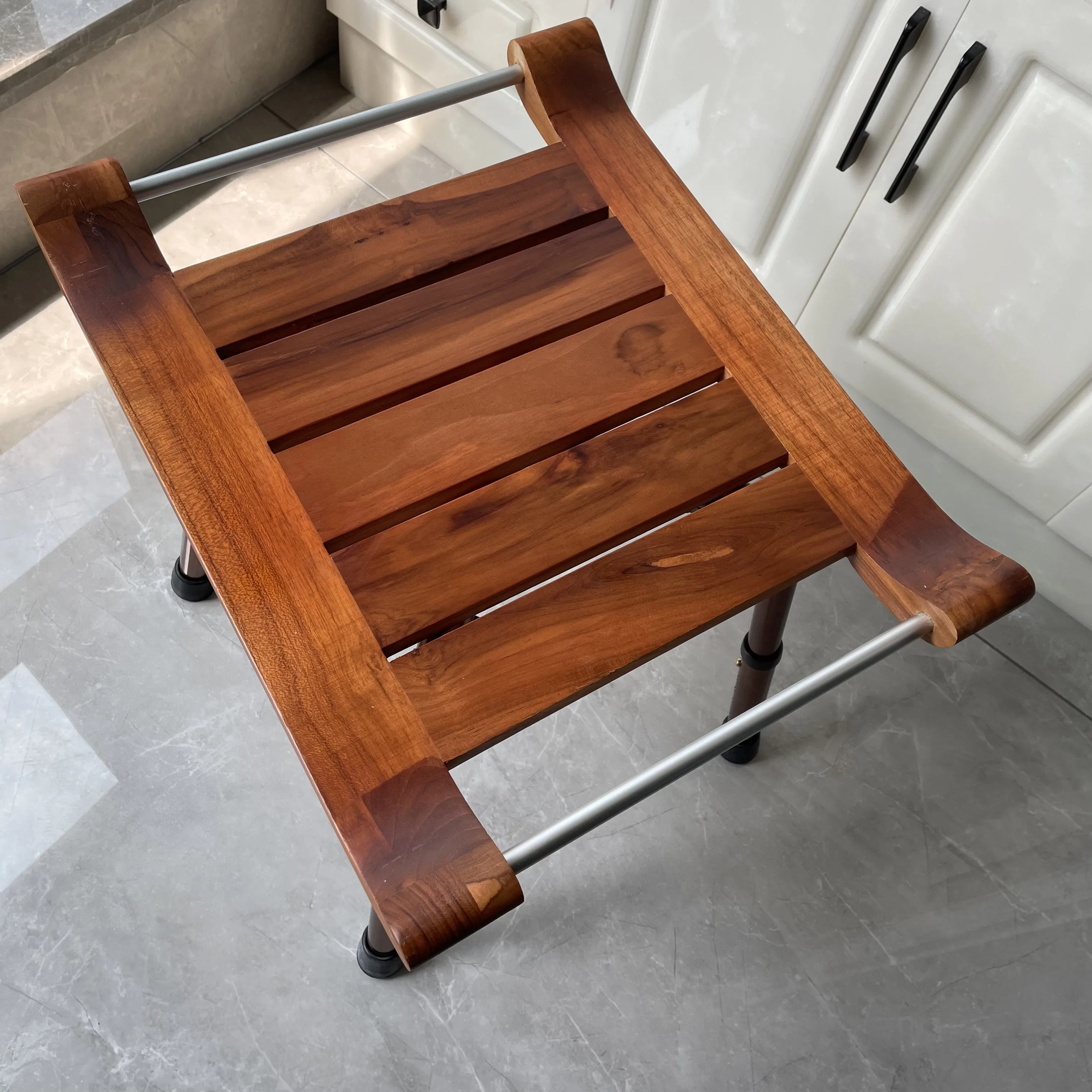 Teak Shower Bench with Handles Wooden Bath Stool SPA Seat Bathroom Chair Portable with Non-Slip Feet Height Adjustable