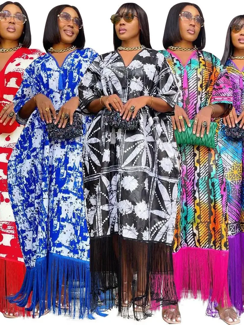 

Women Printed Half Sleeve V-neck Tassel Hem Loose Maxi Dress 2025 Street Vintage Robe Long Dresses Vestidos