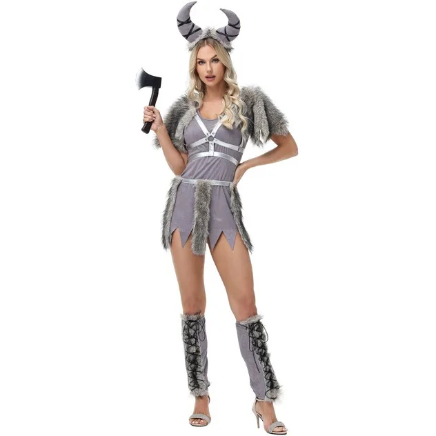 Disfraz de Vikinga Medieval para Mujer, Conjunto Completo de Halloween con Tocado de Cuernos, Capa de Piel, Arnés, Minivestido, Cinturón y Calentadores de Piernas