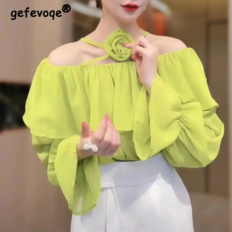 Women Sexy Off Shoulder 3D Flower Lace Up Ruffles Blouses Korean Fashion Sweet Chic Chiffon Shirts Long Sleeve Loose Fairy Tops