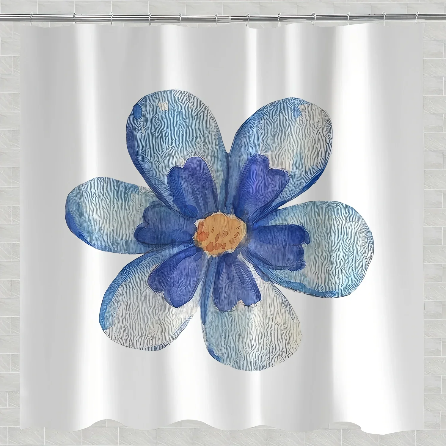 Blue Floral Bath Curtain - Water-Resistant, Machine Washable, Includes Hooks, Artsy Design, All-Season