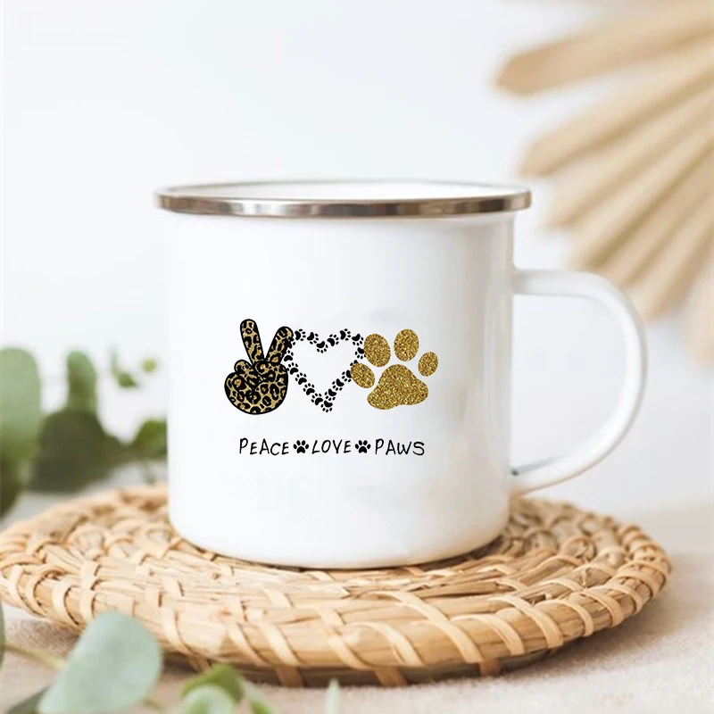 Peace Love Dog Print Mugs Creative Coffee Water Cup Drinks Dessert Breakfast Milk Cup Enamel Mugs Handle Drinkware Gift for Kids