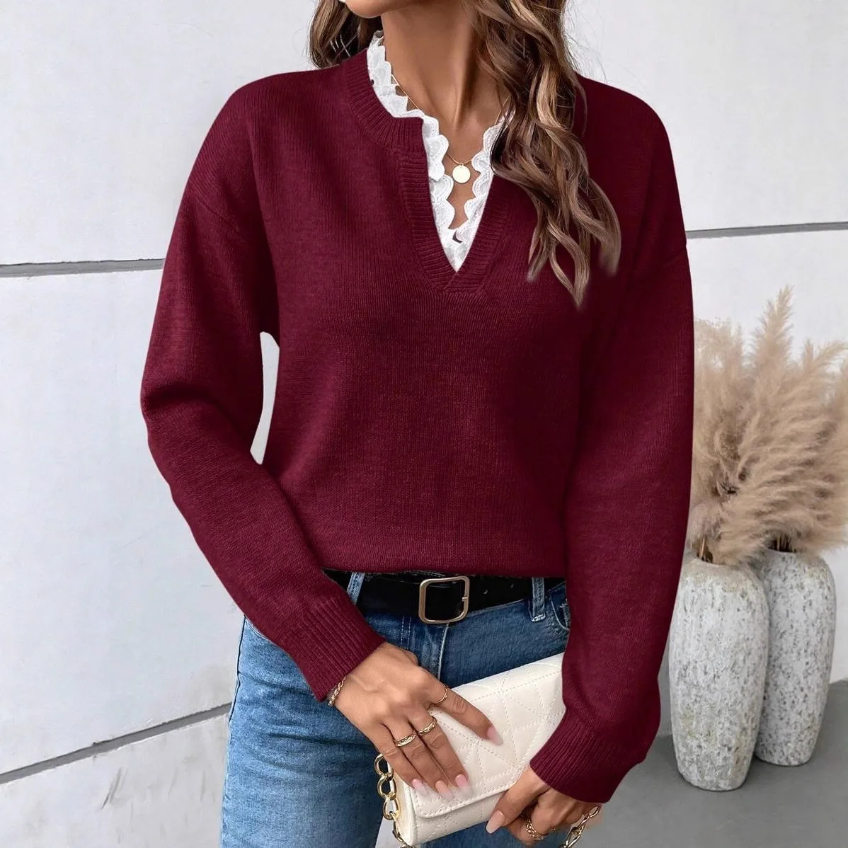 

Prendas De Punto Nuevas Autumn Winter Versatile Women's Pullover Fashionable Lace Edge V-neck Knitted Loose Long-sleeved Sweater
