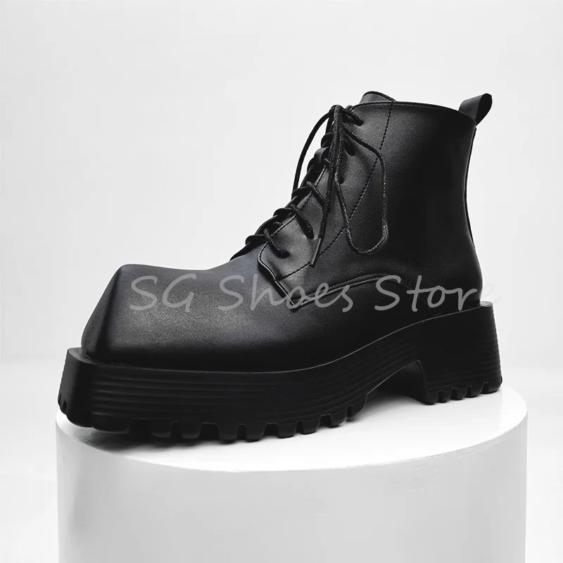 

Retro Rhino Horn Square Toe Motorcycle Boots for Men and Women High Top Chunky Bottom Lace-Up Leather Shoes Couple Dress Boots