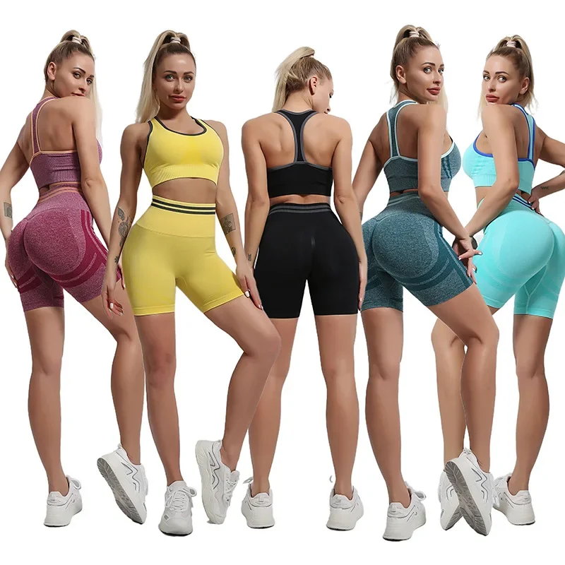 

Yoga Bras Shorts Two Peice Sets Women Running Fitness Clothing Sport Seamless Solid Gym Shorts Workout Clothes for Women Gym Set