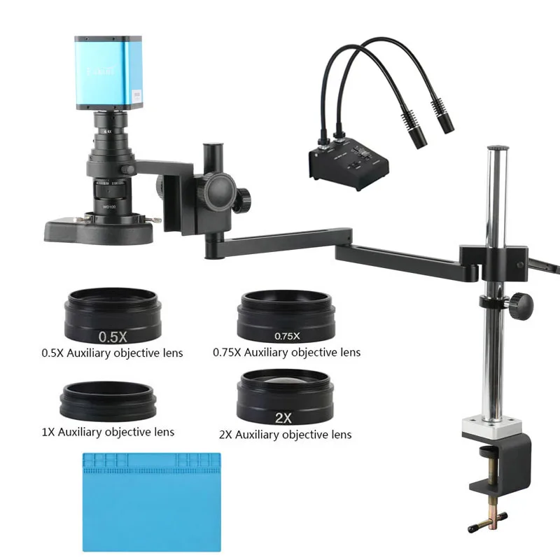 Microscope vidéo numérique IMX307 HDMI AutoFocus, caméra, bras articulé rotatif, pince de pilier + objectif 200X + objectif 0,5x 0,35x