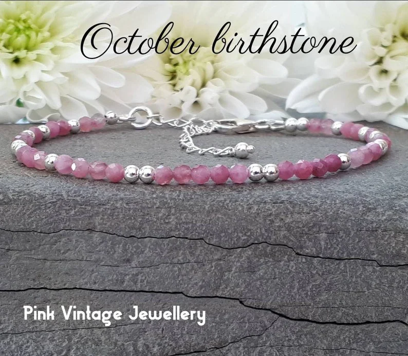 Pink tourmaline bracelet sterling silver with optional personalised heart tag. October birthstone gift.