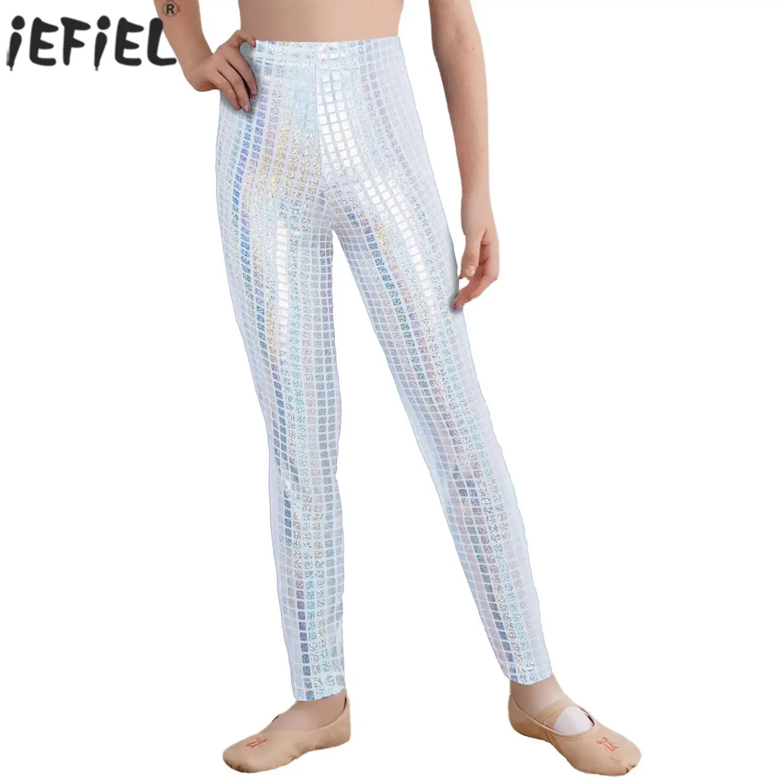 Kids Metallic Pants Jazz Dance Gymnastics Cheerleading School Show Stage Performance Costume Elastic Waistband Shiny Leggings
