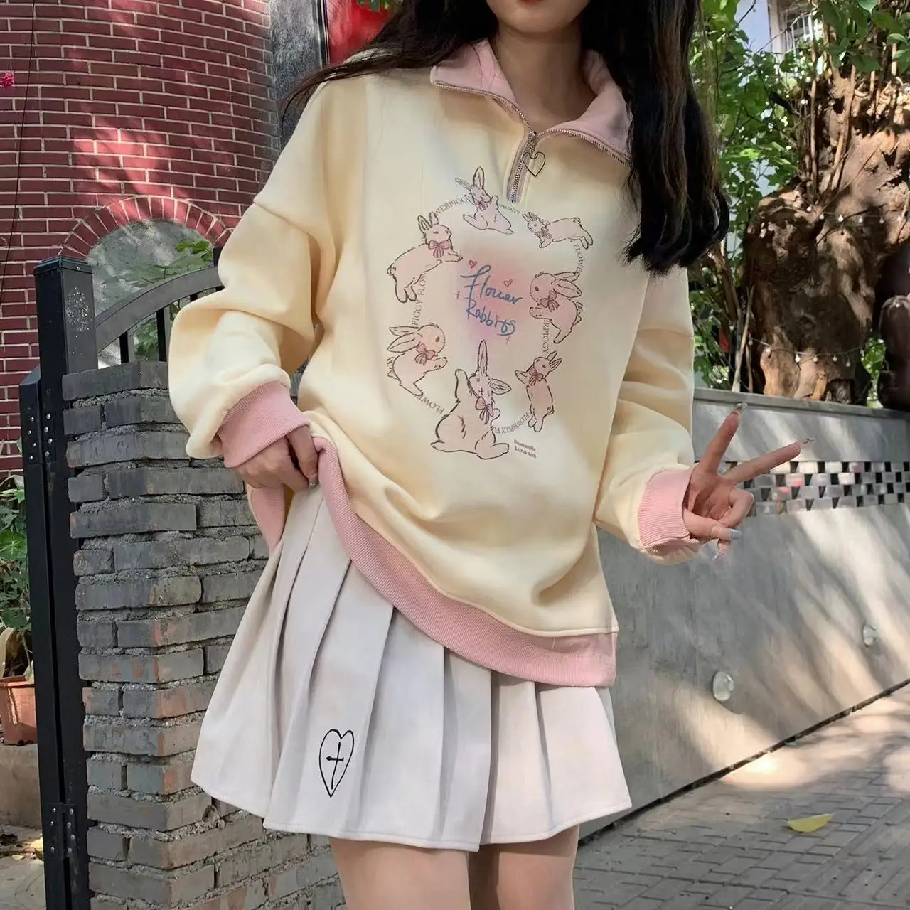 Y2K Vintage Cartoon Rabbit Bunny Preppy Pullover Half Zipper POLO Collar Sweatshirt Harajuku Kawaii Girls Thicken Winter Clothes