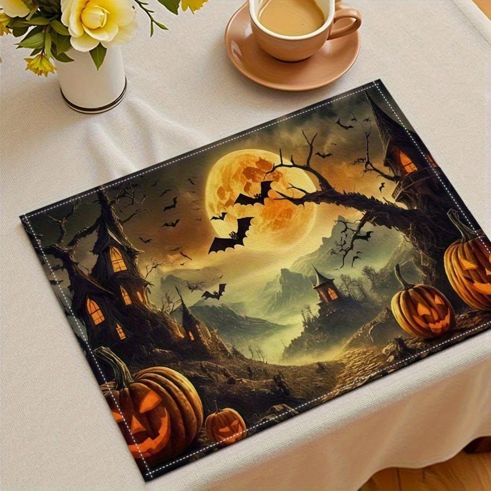 Halloween Placemats Designed with Full Moon Flying Bats and Ghost Village Creating a Mysterious Atmosphere 30x40cm