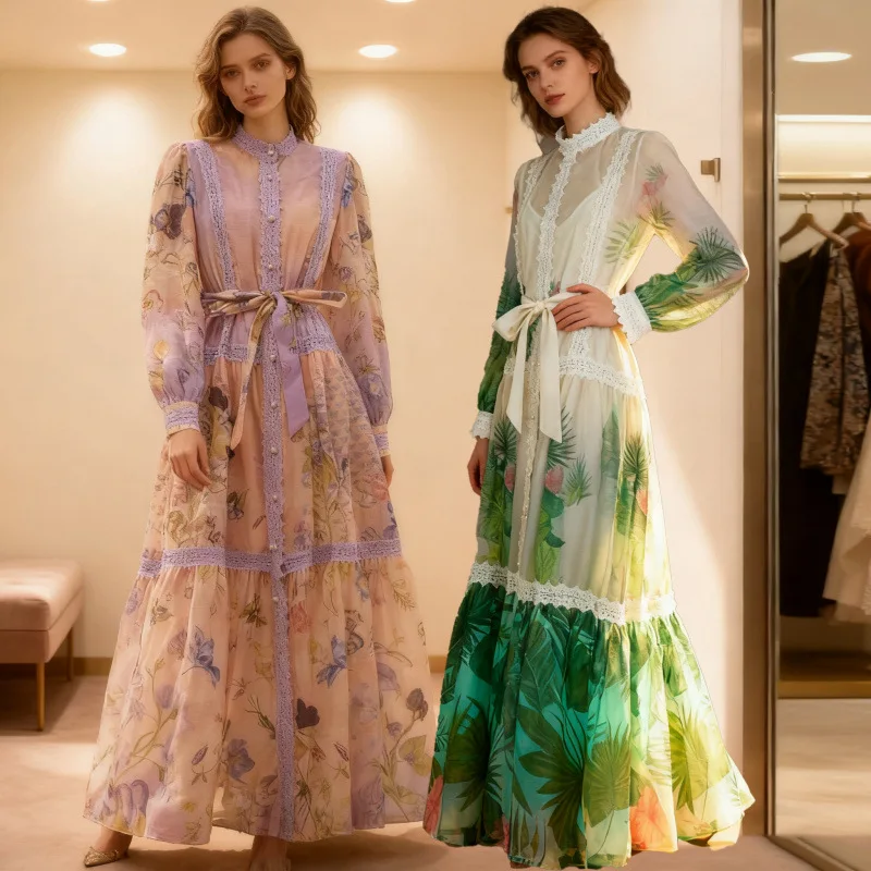 엘리 헤비 자수 레이스 트림 빈티지 랜턴 스탠드 칼라 프린트 벨티드 롱 드레스 캐주얼 하이 웨이스트 벨벳 원단