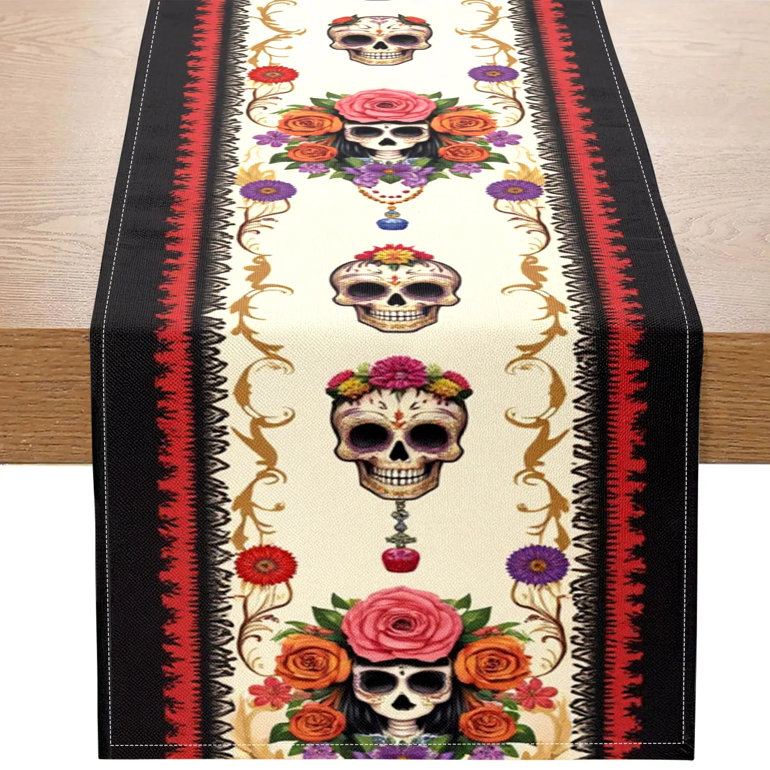 1 Piece of Mexican Day of the Dead Themed Table Runner, Decorated with Skull and Floral Patterns, Suitable for Day of the Dead Celebrations, Exotic Style Parties, Etc
