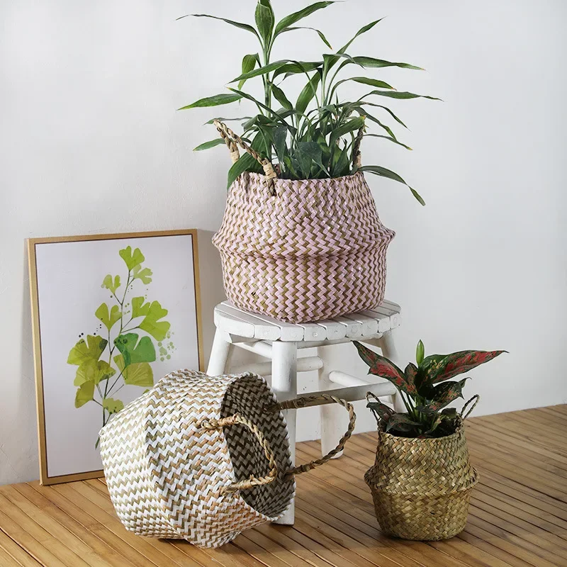 Boho Decor Striped Wicker Storage Baskets Handmade Collapsible Laundry Basket Patchwork Seaweed Flower Belly Garden Flower Pot