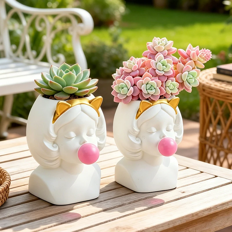 Creative Blowing Bubble Gum Girl Resin Planter Pot Cat Ear Vase for Indoor Home Office Desk Bedroom Decor Gift Idea for Plant Lo