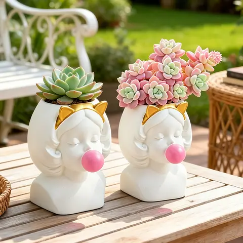 Creative Blowing Bubble Gum Girl Resin Planter Pot Cat Ear Vase for Indoor Home Office Desk Bedroom Decor Gift Idea for Plant Lo