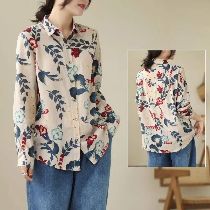 Spring and Autumn Women\'s Cardigan Square Neck Long Sleeve Button Flower Plant&Flowers Loose Vintage Fashion Casual Shirt Tops