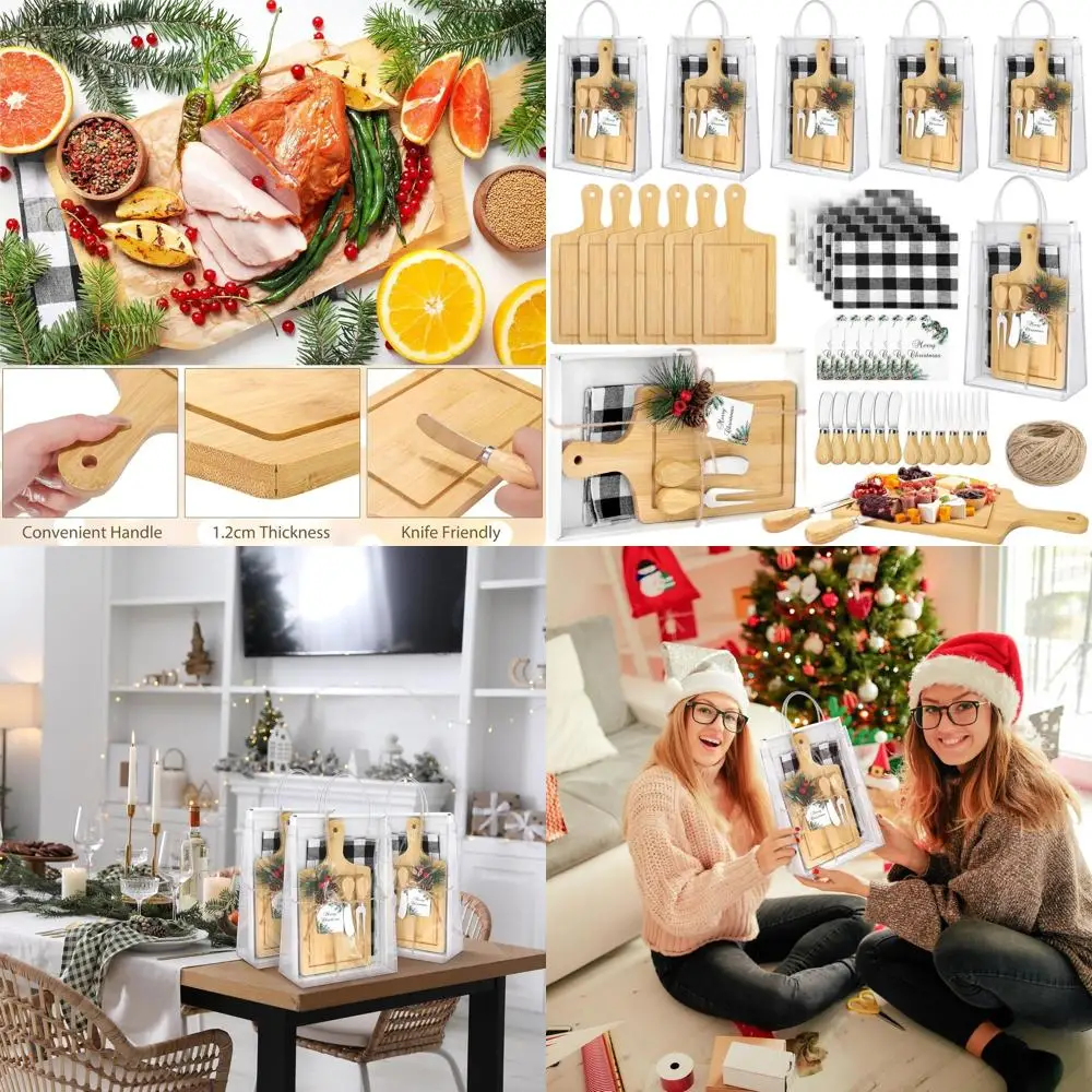 

Christmas Square Cheese Board Set: 6-Piece with Knives, Forks, Towels - Perfect for Baby Showers, Game Prizes, and Festive Gathe