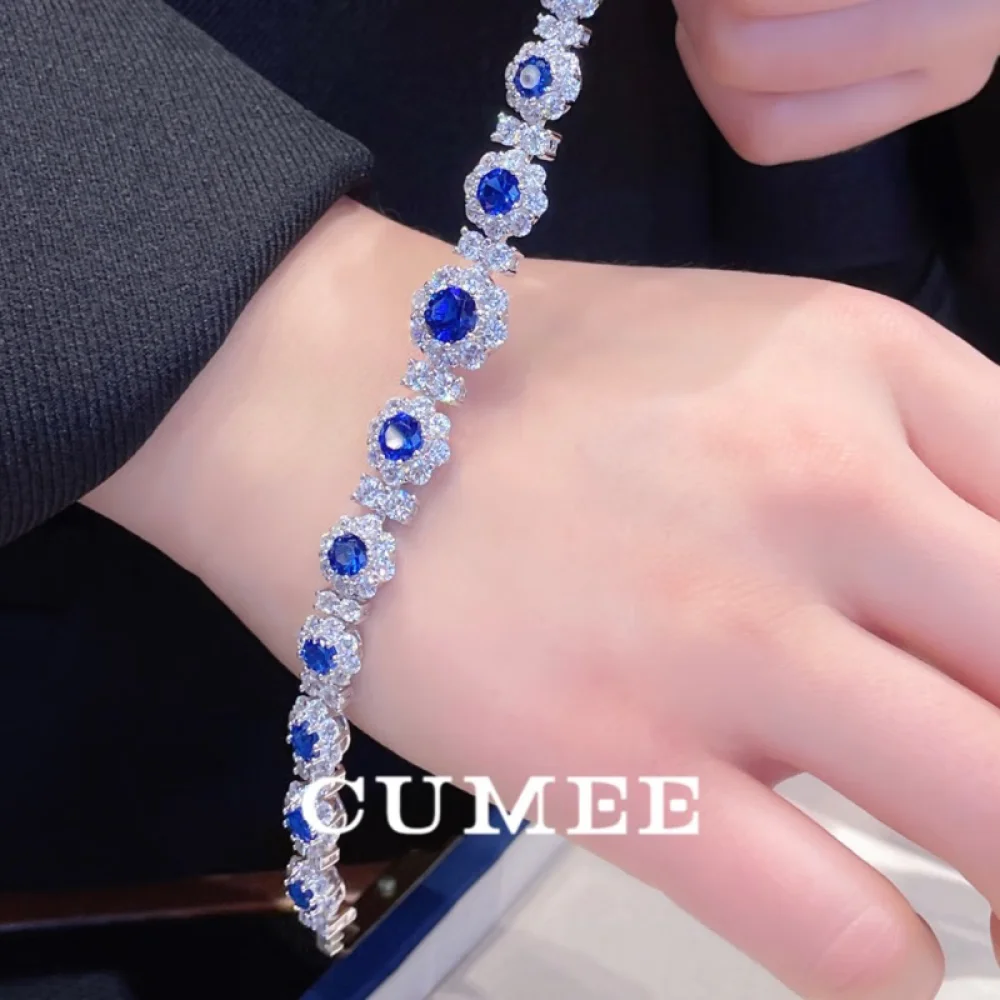 CUMEE 925 Sterling Silver Cultivation Synthetic Blue Gemstone Royal Blue Round Cut Bracelet Silver Plated Gold