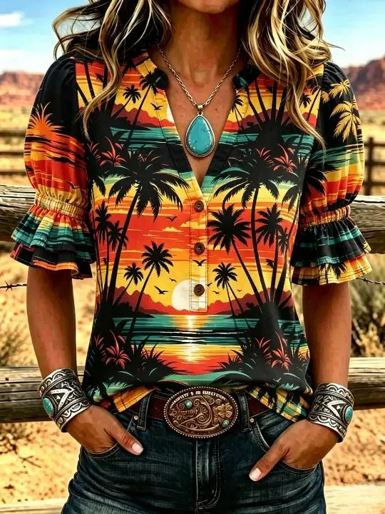 Women Summer Vacation Top V‑Neck Half Button Ruffle Puff Short Sleeve 3D‑Printed Tropical Beach Floral Animal Print Blouse