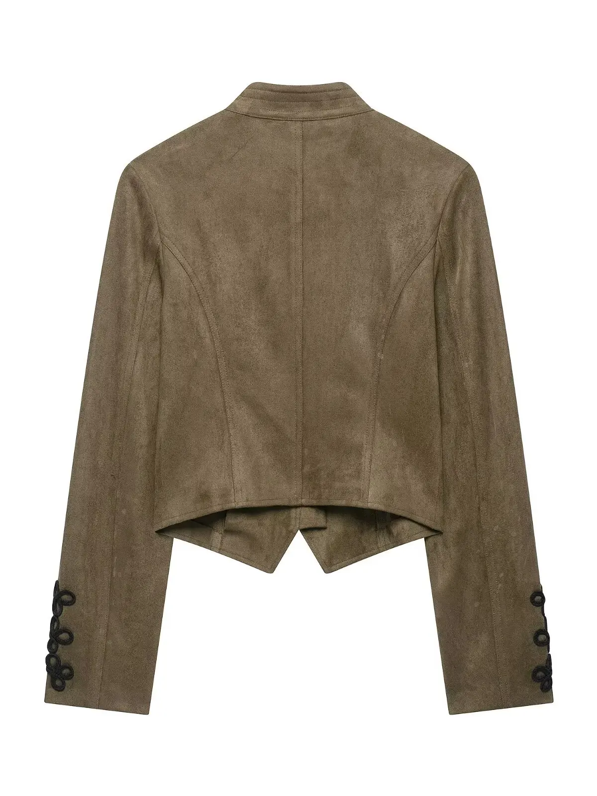 Women's Fashion Short Suede Jacket Rope Knot Buckle Slim Fit Velvet Surface Autumn Coat Long Sleeve Stand Collar Button Closure