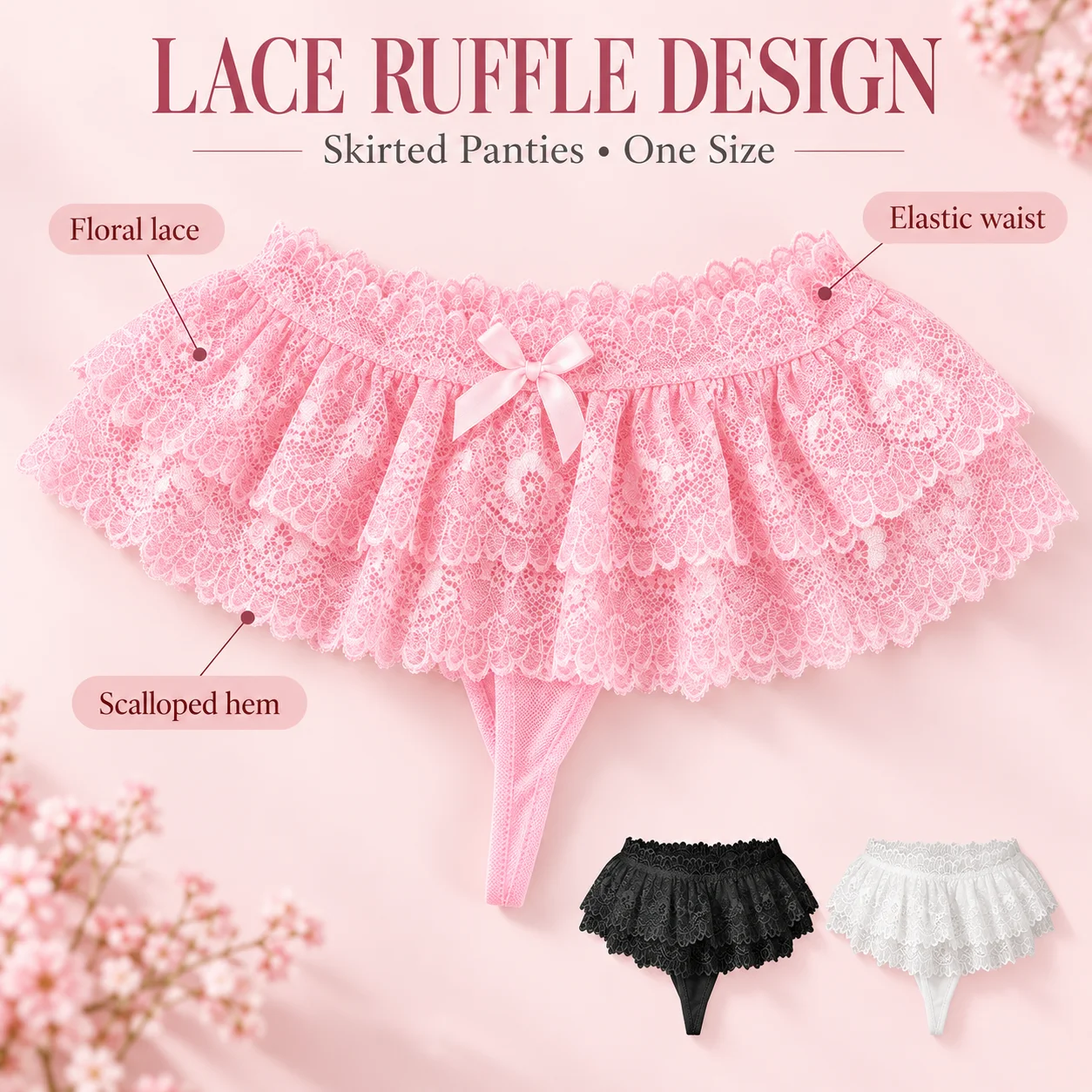 Women's Ruffled Lace Skirted Thong Panties Elastic Low Rise Polyester Spandex Underwear Black Pink White One Size