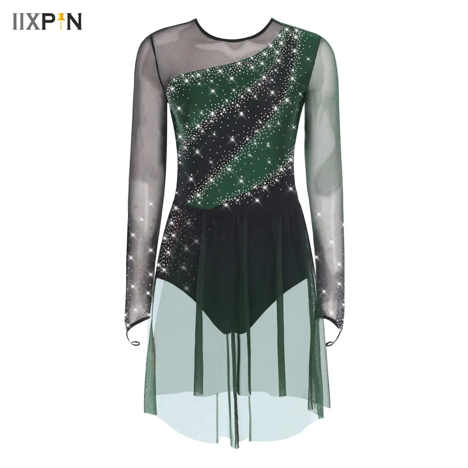 

Womens Gymnastics Figure Skating Dance Leotard Dress Shiny Rhinestones Sheer Mesh Overlay Dress for Lyrical Dance Ballet Dresses
