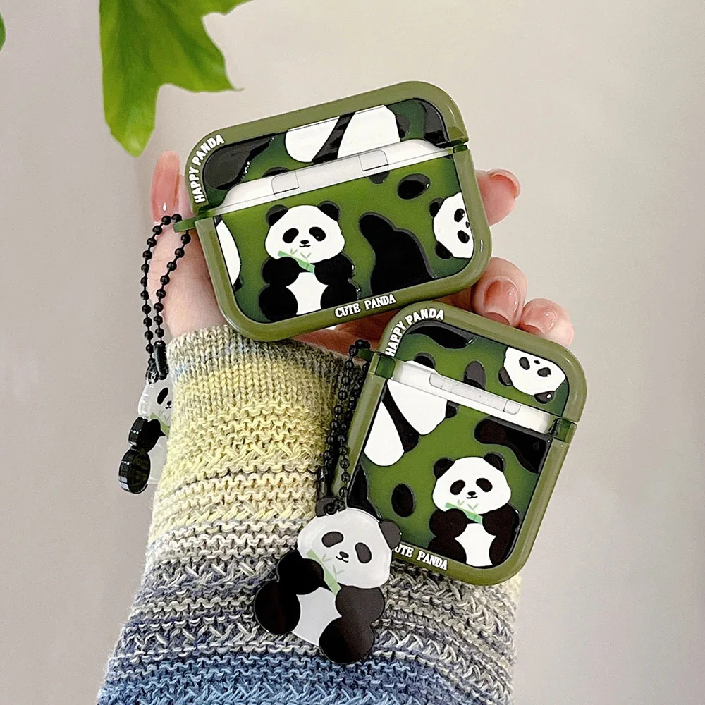 Cute Cartoon Happy Panda Headset Case For Apple AirPods 1 2 Pro Green Square Earphone Protective Fundas AirPod 3 with Pendant