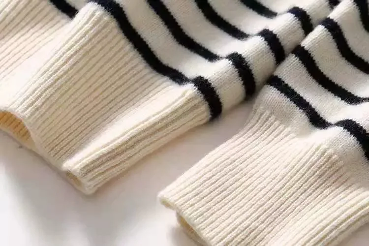French crew-neck sweater Women's half-open neck breasted horizontal striped long sleeve pullover cashmere sweater loose knit top
