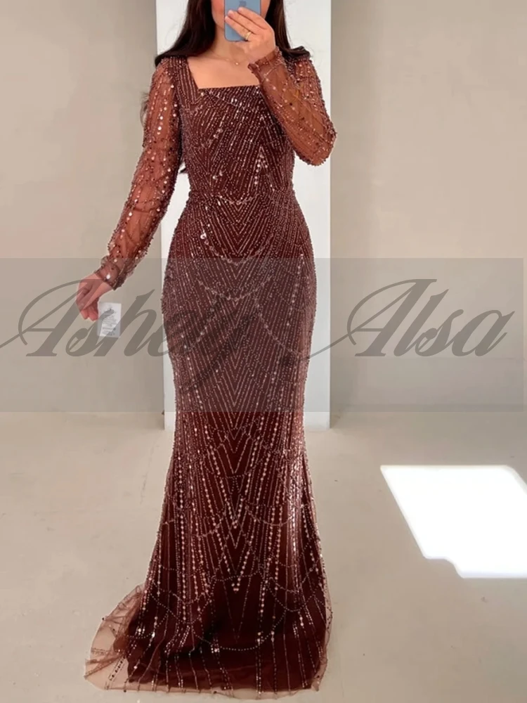 A2242 우아한 긴팔 웨딩 게스트 파티 드레스 여성 사우어 넥 진주 머메이드 정장 이브닝웨어 베스티도 프롬 맞춤 제작