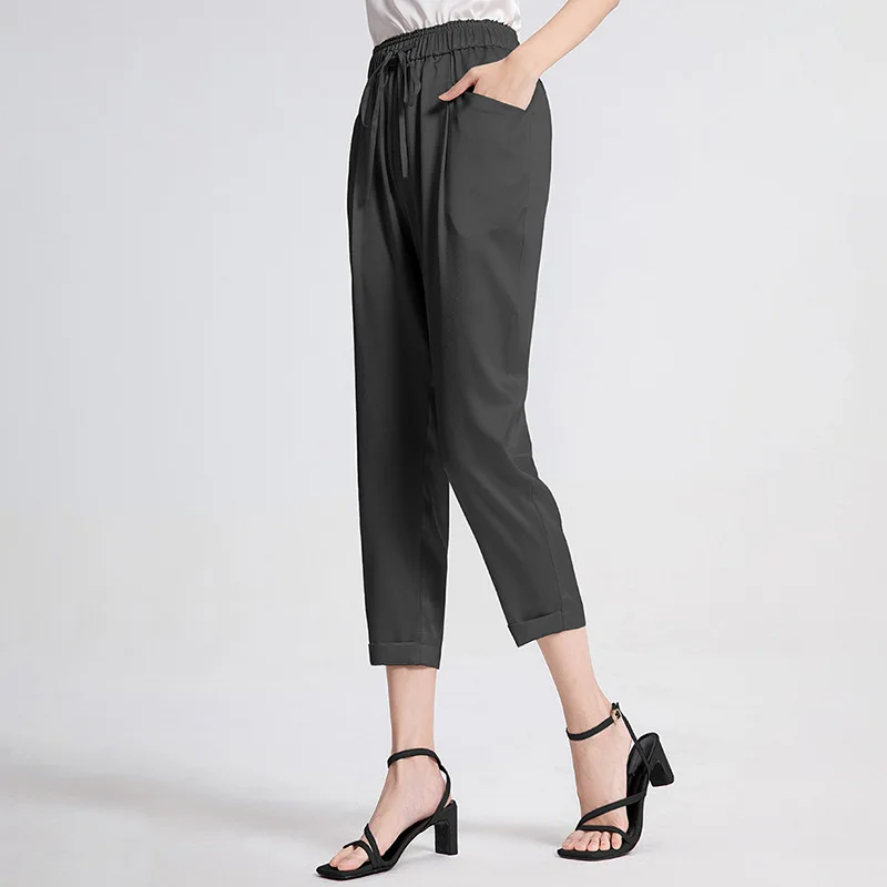 Birdsky, 1PC 여성 하렘 바지 바지 종아리 바지 drawtring 탄성 높은 허리 95% 진짜 뽕나무 실크 5% 스판덱스 2 색, S-945