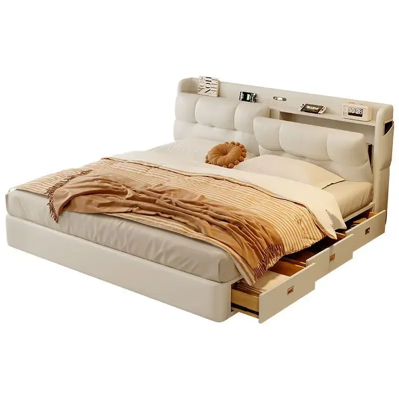 Light luxury modern simple first layer cowhide multi-functional master bedroom double drawer storage soft bag leather bed