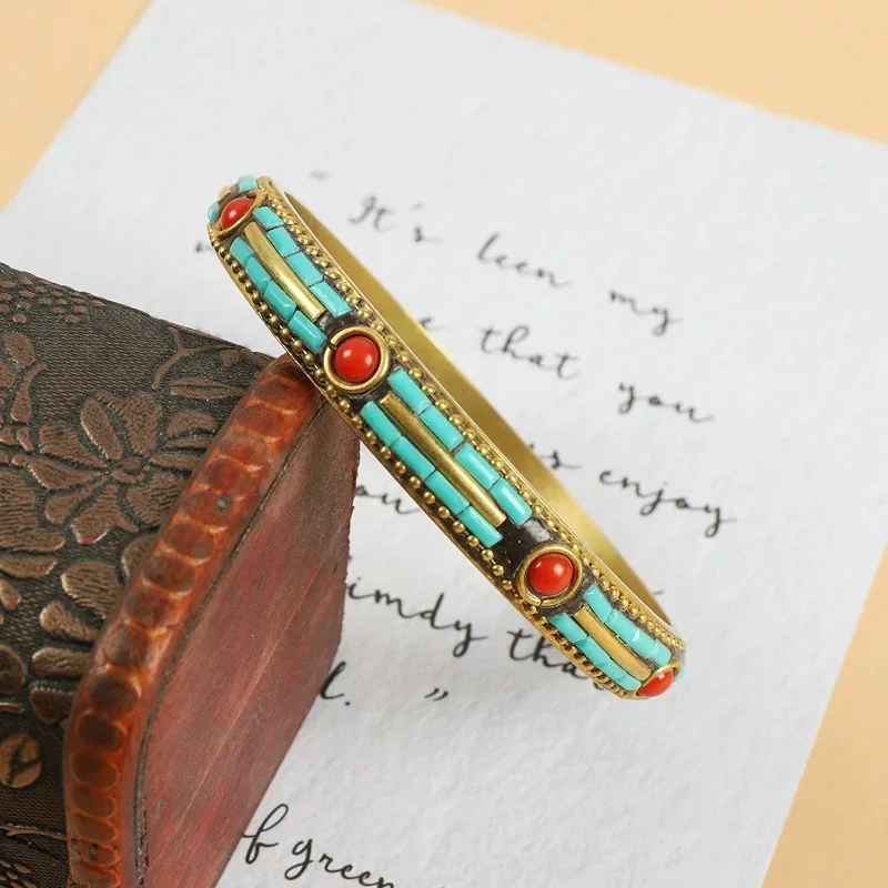 Vintage Tibetan Style Bangles for Women Men Inlaid Turquoise Jewelry Handmade Pure Copper Bracelets Exotic Ethnic Accessories