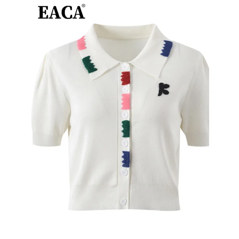 

EACA 2025 Summer New Simple Casual Embroidered Collar White Buckle Adhesive Cloth Cuffs Tightened Short Sleeve Knitted Shirt For