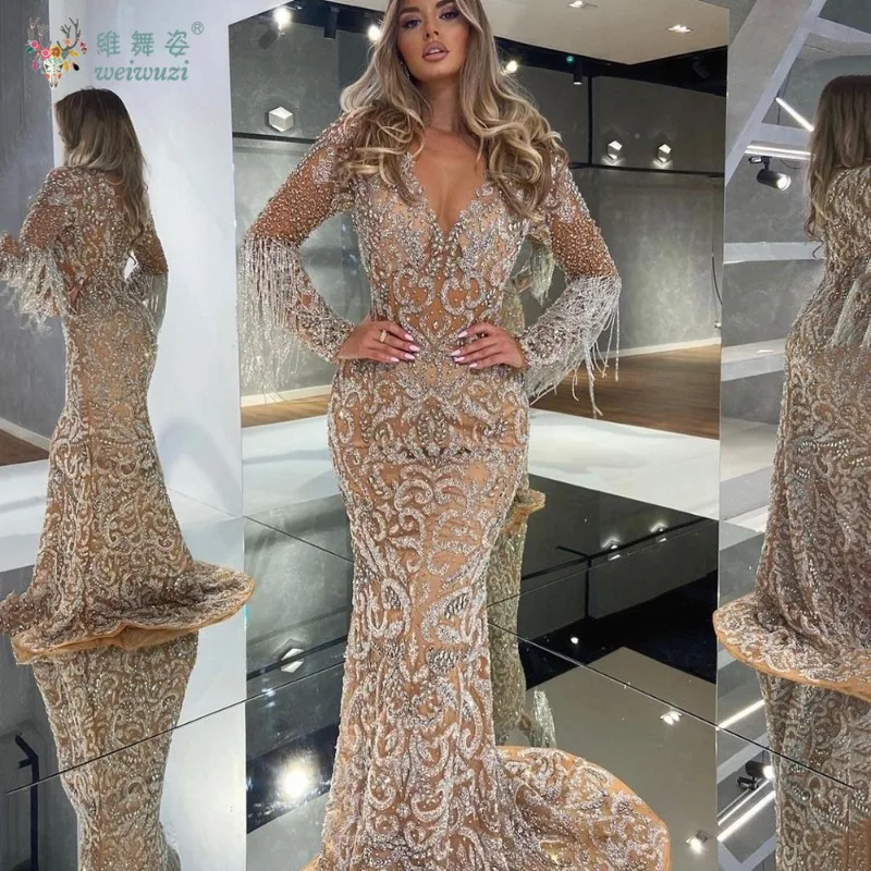 

Spring and Autumn New Sexy V-Neck Long Sleeves with Tassel Mermaid Long Evening Dresses Tight-fitting Sequin Elegant Party Dress