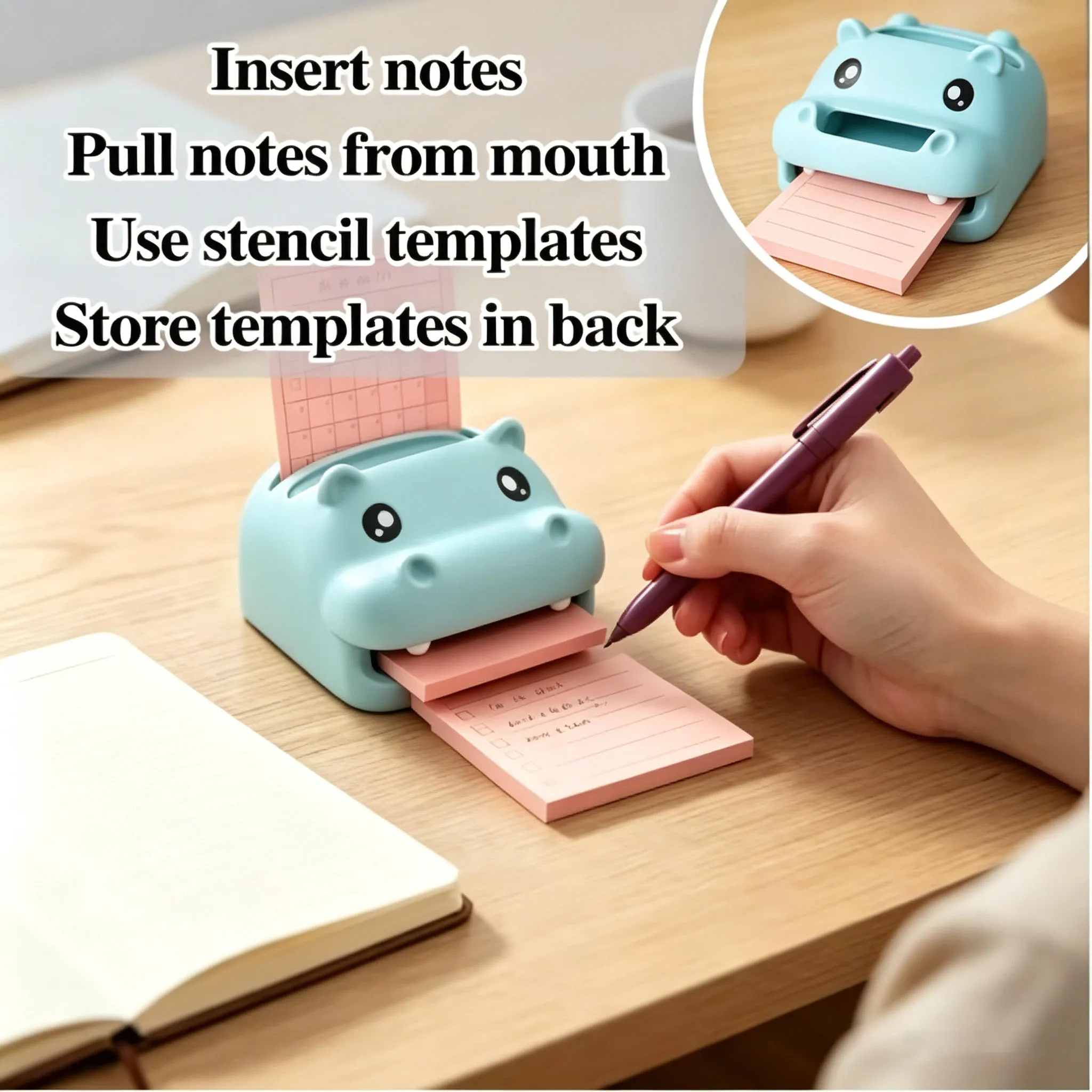 Highland Cow Note Holder,Sticky Holder and Dispenser with Stencil Set,Desk Hippo-Campus Organizer with Pen Holder and Photo Slot