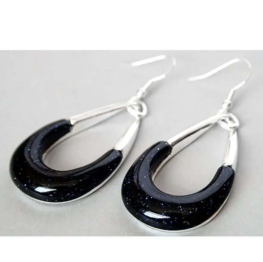 

VINTAGE BLUE SAND jade HUGE 925 SILVER HOOK EARRING 2 1/2"