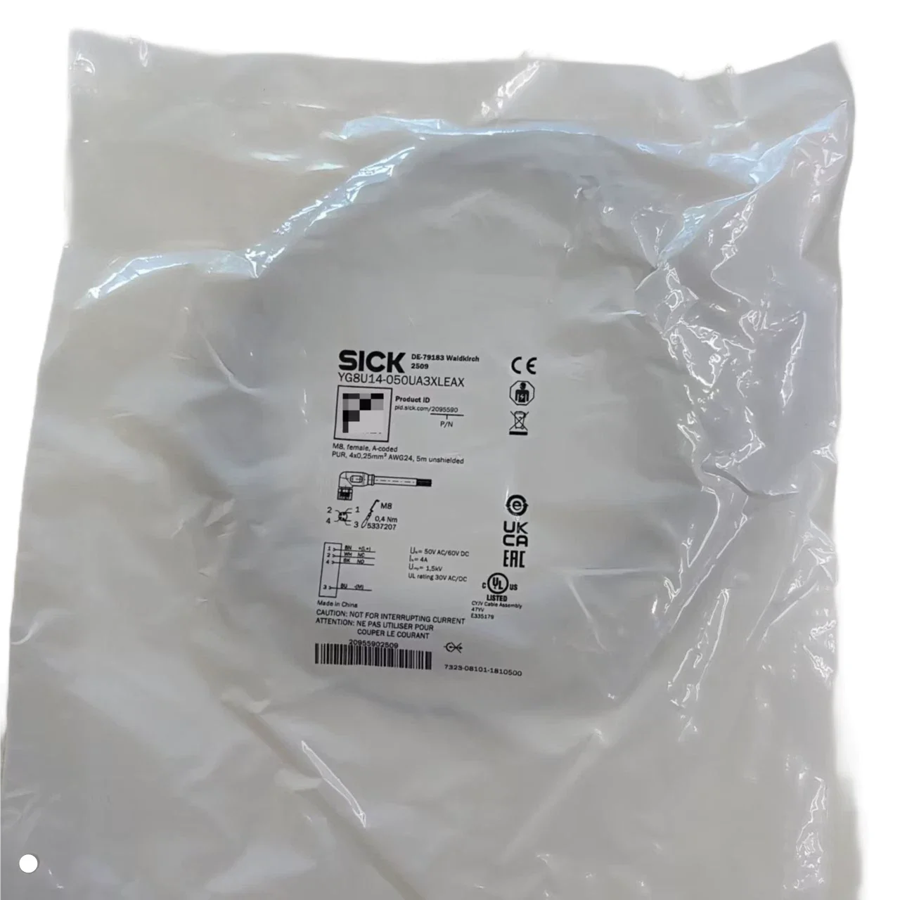 YG8U14-050UA3XLEAX 2095590 Female 4 way M8 to Unterminated Sensor Actuator Cable, 5m